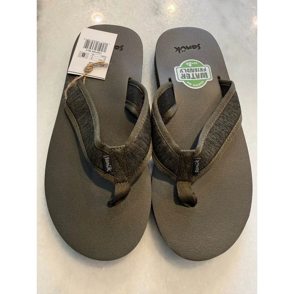 Sanuk Ziggy Mesh Mens Size 8 Olive Green Water Friendly Soft Top Foam Sandals